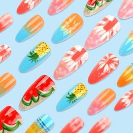 Summer Beach Press on Nails Medium Almonds Fake Nails Colorful Gradient False Nails with Coconut Tree Fruit Design Glossy Full Cover Glue on Nails for Women Flower False Nails 24Pcs