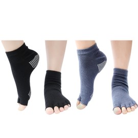 Wisdompro Yoga Socks, 5 Toes, Fingerless, Non-slip, Yoga Wear, Sports, Pilates, Dance, Barre, Short Socks, Unisex, 2 Colors, 2 Pairs Set, S/M Black + Gray, multicolor (black / gray)