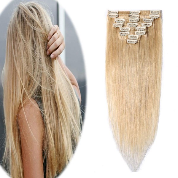 Clip in Human Hair Extensions 14 Inch 60g Thin Standard Weft 8 Pcs 18 Clips Soft Silky Straight Remy Hairpieces for Women Gift Beauty #24 Natural Blonde