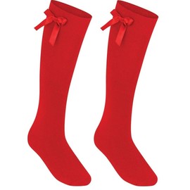reshmena® 1 Girls Knee High School Socks Cotton Socks with Fluffy Ribbons Bow Back to School Socks Uniform Party Wear Comfort Fit Long Knee High School Socks Size 4-6 RED