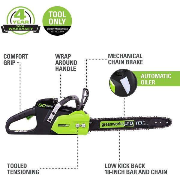 Greenworks 80V 18" Brushless Cordless Chainsaw (Great for Tree Felling, Limbing, Pruning, and Firewood) / 75+ Compatible Tools), Tool Only