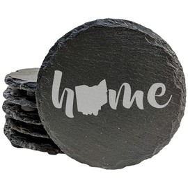 Rustic Slate Coasters Set of 5 - Laser Etched 'Home' Design with Ohio State Shape - Perfect Gift for Holidays, Birthdays, Housewarming - 4" Round or Square - Made in Oregon, USA - Natural Edge