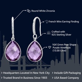 Gem Stone King 13.00 Cttw Purple Amethyst Earrings In 925 Sterling Silver | Gemstone Birthstone | Pear Shape 16X12MM | Drop Dangle Teardrop Earrings For Women