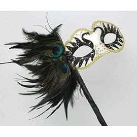 LADIES SPARKLING BLACK WHITE & GOLD VENETIAN MASQUERADE CARNIVAL PARTY EYE HAND HELD MASK ON A STICK WITH PEACOCK FEATHERS