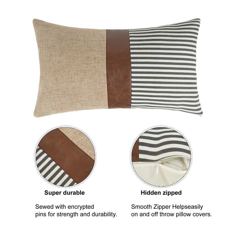 JASEN Faux Leather and Linen Pillow Covers 12x20 Inch Set