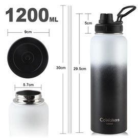 Termo de Acero Inoxidable para Agua Fría y 2 Tapas - Botella Térmica Metálica con Doble Pared para Mantener el Frío - para Gimnasio, Deportes y Oficina (White-Negro, 1180ml/40Oz)