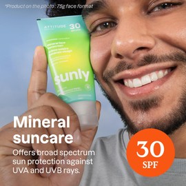 ATTITUDE Mineral Face Sunscreen with Zinc Oxide, SPF 30, EWG Verified, UVA/UVB Protection, Vegan, Unscented, 2.6 oz.