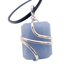 Shelf & Stone Angelite Crystal Necklace - Angelite Wire Wrapped Crystal Pendant with Cord. Angelite for Peaceful, Soft, Soothing Energy, Great for Dispelling Fear, Tool for Reiki, Aquarius Handmade.