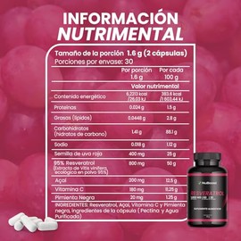 NUBOOST Resveratrol 1600 mg con Vitamina C, Acai y Pimienta Negra – Suplemento Alimenticio Antioxidante con Extracto 95% Trans Resveratrol – 60 Cápsul