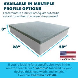 Foamma 3" x 28" x 28" Cooling Gel-Infused Memory Foam Cushion, High Density Foam Base, Medium Firm, Seat Replacement, Padding, Chair Cushion Square Foam, Dining Chairs, Wheelchair Cushion Replacement