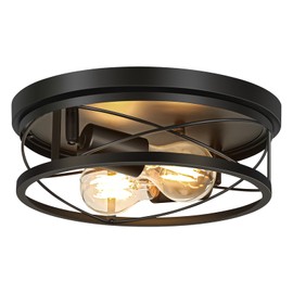 VIOLOEMI Industrial Flush Mount Ceiling Light, Black Round Metal Cage Ceiling Lights, Ceiling Lamp Farmhouse Lighting Fixture for Hallway, Bedroom, Kitchen, Entrance, 2-Light