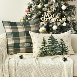 AVOIN colorlife Christmas Trees Snowflake Buffalo Plaid Throw Pillow Covers Set of 2, 12x20 and 18x18 Inch Winter Xmas Holiday Cushion Cases Decoration for Sofa Couch