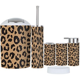 Bathroom Accessory Set 6 Piece Leopard Fur Fashionable Print Modern Panther Animal Toothbrush Holder, Toothbrush Cup, Soap Dispenser, Soap Dish, Toilet Brush Holder, Trash can for Countertop