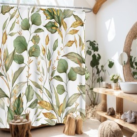 Yanutan Gold Green Leaves Shower Curtain, Green Plant Shower Curtain Set for Bathroom, Natural Modern Fabric Bath Curtain with Hooks, 72x84in