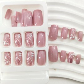 Press on Nails Medium Square Fake Nails with White Heart Lines Glitter Designs Valentines Glue on Nails Press ons Glossy False Nails For Women 24 Pcs