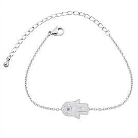Stainless Steel Silver Rose Gold Link Chain Hand of Fatima Bracelet Anklet Hamsa Jewelry for Women-Silver