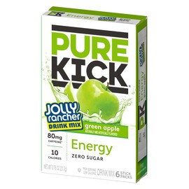 Pure Kick Singles To Go, Jolly Rancher Energy Drink Mix, Variety Pack, 3 Boxes Blue Raspberry 3 Boxes Green Apple (36 Single Servings)