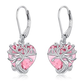 Birthstone Earrings 925 Sterling Silver Tree of Life Earrings Birthstone Heart Earrings Jewellery Gifts for Women, Sterling Silver, No Gemstone