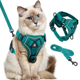 GlasFlength Cat Harness with Lead, Escape Proof, Cat Lead with Harness for Cats, Adjustable Cat Harness Set, Cat Harness, Soft Harness for Cats with Reflective Stripes (Sea Blue, M)