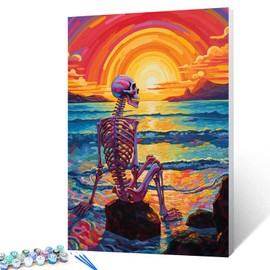 TUMOVO Graffitic Human Skeleton Paint by Numbers for Adults Seascape at Sunset/Rainbow DIY Paint by Numbers Acrylic Paint Canvas Kitchen Decor Abstract Skull Painting Kits 20x16 Inch Gift（DIY Frame ）