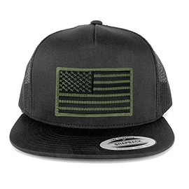 Armycrew Flexfit Oversize XXL Olive USA Flag Patch 5 Panel Flatbill Snapback Mesh Cap - Charcoal - 2XL