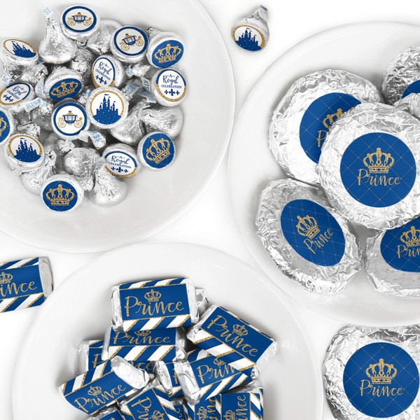 Royal Prince Charming - Mini Candy Bar Wrappers, Round Candy Stickers and Circle Stickers - Baby Shower or Birthday Party Candy Favor Sticker Kit - 304 Pieces