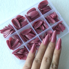 LoveOurHome 240pc Short Almond Press on Nails Colored Lotus Pink Fake Nail Tips Full Cover Artificial Fingernail French Stiletto Manicure with Adhesive Tabs for Women Girls Kids
