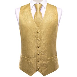 Hi-Tie Formal Mens Gold Waistcoat Jacquard Paisley V-neck Suit Vest Silk Tie and Pocket Square Set for Wedding