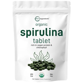 Micro Ingredients Organic Spirulina Supplement, 720 Tablets (4 Month Supply), No Filler & Non-GMO, Rich in Vegan Protein, Vitamins & Prebiotics, Premium Spirulina Pills