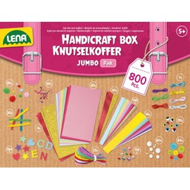 Lena 42664 Jumbo Craft Box with 800 Pieces in Pastel Colours, Material for Crafts, Foam Rubber, Coloured Paper, Rhinestones, Pompom, Ribbons, Buttons, Googly Eyes and Much More, from 5 Years