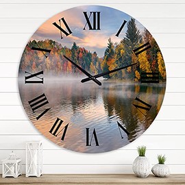 DesignQ Traditional Wall Clock 'Autumn Foliage by The Lakeside' Large Wall Clock for Home Decor