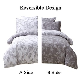 FADFAY Reversible Duvet Cover Set Queen Size Vintage Floral 100% Cotton Ultra Soft Grey and White Bedding with Hidden Zipper Closure 3 Pieces, 1Duvet Cover & 2Pillowcases