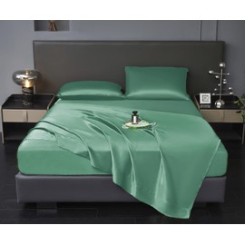 Revdomfly 4 Pcs Queen Size Luxury Silky Soft Grass Green Satin Sheet Set,1 Premium Moisture Wicking Fitted Sheet Fits Up to 16 Inches Deep Pocket + 1 Flat Sheet + 2 Pillowcases（Grass Green, Queen）