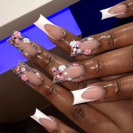 Long Press on Nails White French Tip Long Fake Nails Coffin Square White False Nails with Rhinestones and 3D Flower Design Acrylic Nails Press on Artificial Nails Stick on Nails For Women-24Pcs