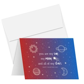 Happy Valentine’s Day Greeting Cards and Envelopes, Beautiful and Romantic Love Valentines Space Theme – You Are My Sun, My Moon and All of My Stars | 4.25 x 5.5" | 10 per Pack