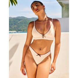 seamoly Trendy Bikini Set V Neck Ribbed Texture Lace Trim Thong Bottom Adjustable Straps Cute 2025 New Swimwear Apricot M