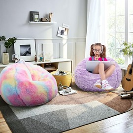 Fluffy Bean Bag Chair for Kids, 2.5FT Round Memory Foam Filled Bean Bag for Teens & Kids, Ultra Soft Faux Fur Fabric Bean Bag Chairs for Playroom, Living Room, Bedroom, Lavender