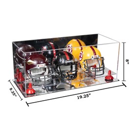 Better Display Cases Acrylic Three Mini - Miniature Football Helmets (not Full Size) Display Case with Mirror Case, Red Risers and Mirror Base 19.25" x 8.25" x 8" (V47/A103)