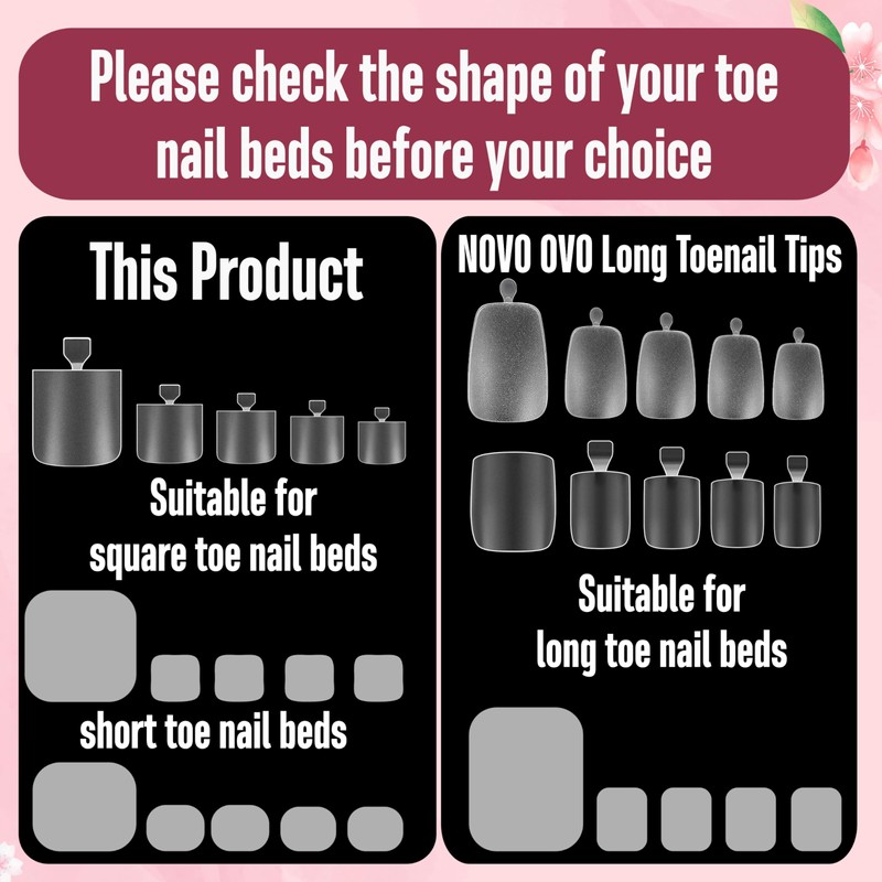 NOVO OVO Sharp Square Toenails for Gluing, Artificial Toe Nail