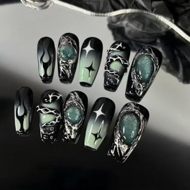 24Pcs Gothic Press on Nails Medium Coffin Fake Nails 3D Y2K False Nails with Star Irregular Silver Designs Black Green Gradient Glue on Nails Silver Metal Nail Tips Full Cover Dark Stick on Nails Set