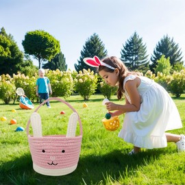 Easter Basket, Easter Bunny Basket with Handle, Easter Baskets for Kids, Baby Gift Basket, Egg Buckets Gifts Tote Bags Egg Hunt Basket for Boys, Girls, Toddler, Babies, Infant (Pink+White)