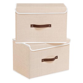 Yawinhe Storage Boxes with Lids 2 Pack, Collapsible Storage Bin with Handle, for Organizing Clothes, 33x23x20cm, Beige, SNK018BES-2