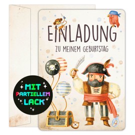 CALLUNA® 12 x Pirate Invitations - With Glitter Lacquer and Shipping Envelopes - Pirate Party Invitation - Birthday Invitation for Boys - Pirate Party Invitations - Pirate Adventure