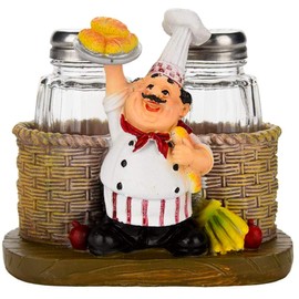 Salt and Pepper Shakers Set,Sitting Chef Decorative Statue Spice Organizer,Glass Spice Jars with Holder Figurine Gift for Family,Kitchen,Restaurant, Cafe,Bakery (Bread)