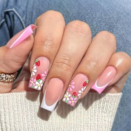 LWTZLW French Tip Press on Nails Medium Square False Nails Cute Strawberry Full Cover Glue ons Nails Short Coffin Acrylic Fake Nail Pink Flower Glossy Artificial Reusable for Women