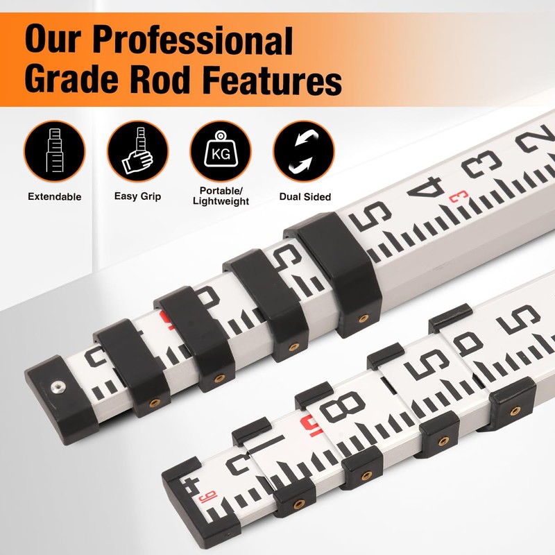 Mountlaser Aluminum Grade Rod 16Foot-10th, 5 Sections Dual Sided Telescoping