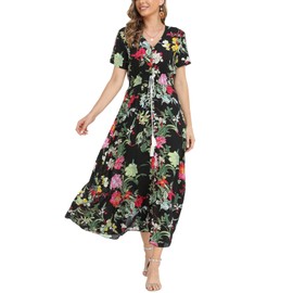 Women's Boho Floral Maxi Dress Summer Button Up Split Flowy Beach Party Dress,Black Green Flower XL