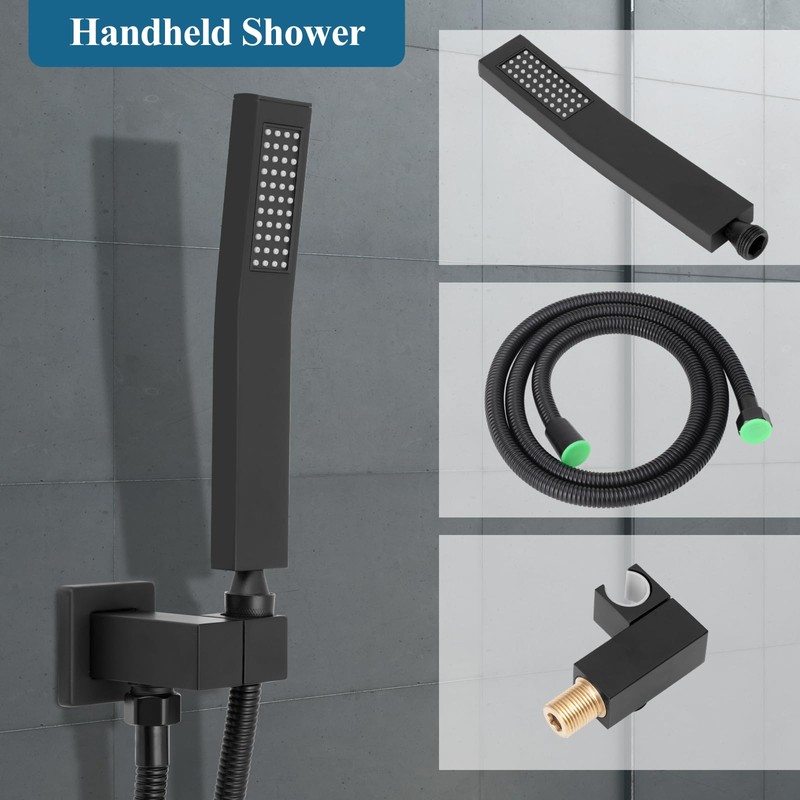 Matte Black Square Shower Head with Handheld Set, Rainfall Shower
