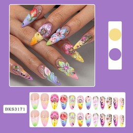Colorful Flowers Press on Nails Long Almond Fake Nails 3D Embossed Lily Flower False Nails with Rhinestones Designs Artificial Nails Cute Floral Stick on Nails for Women DIY Nails Decor Supplies 24Pcs