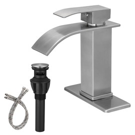 BWE Bathroom Faucet Modern Brushed Nickel Waterfall Single Hole Faucet for Bathroom Sink Single Handle with Pop Up Drain with Overflow Assembly and Supply Line Lavatory Bath Faucet
